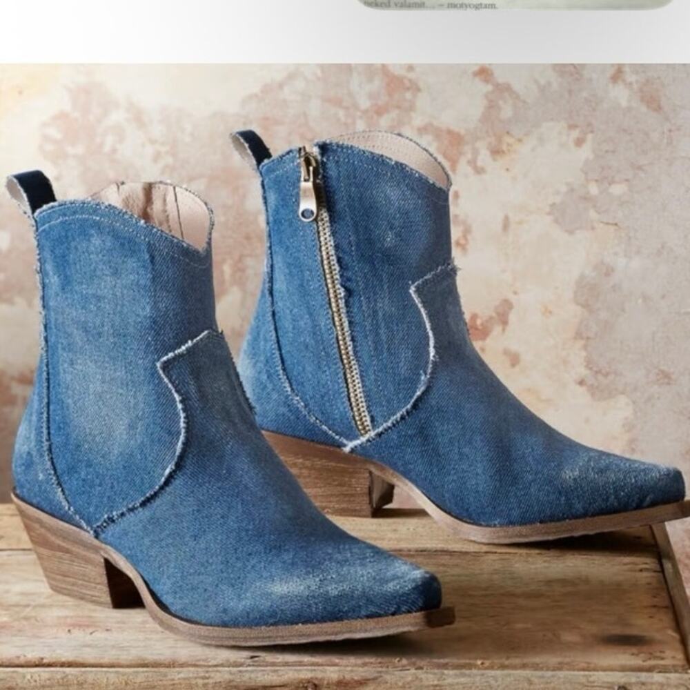 Sundance EU 40 Distressed Blue Denim Western Boots Pointed Toe Made in Italy